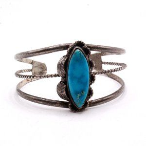 Vintage Hallmarked MC Native American Navajo Turquoise Leaf Wide Cuff Bracelet